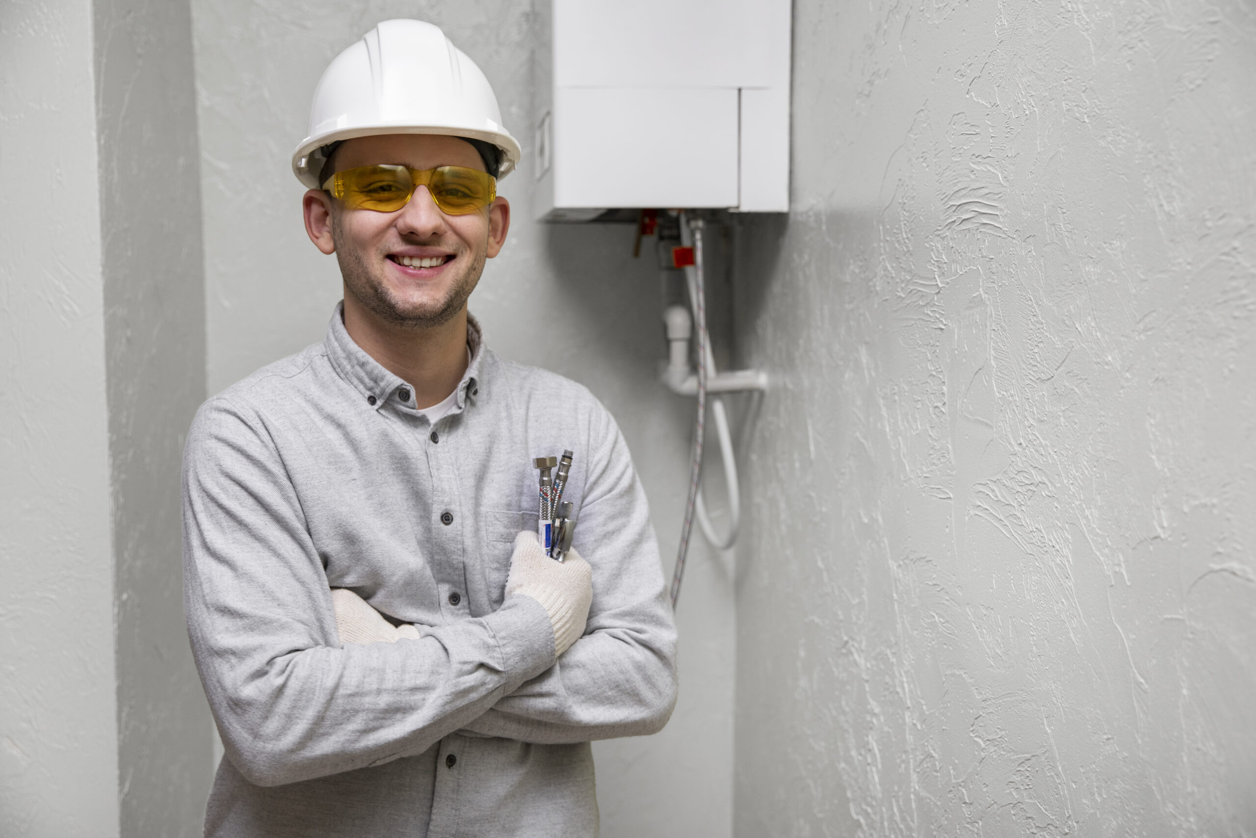 worker repairing water heater